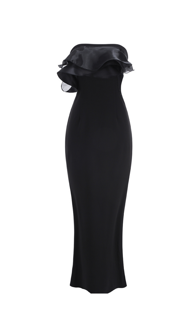 AIIZIE OFF-SHOULDER RUFFLE TRIM MAXI DRESS IN BLACK - product image