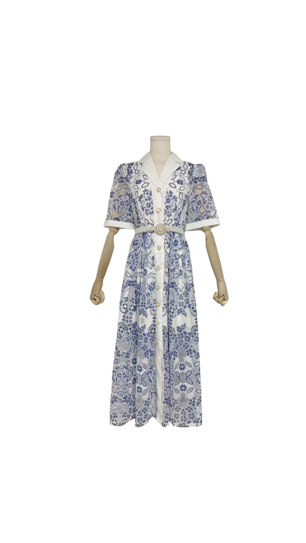 AIIZIE V NECK SPLICED BELTS EMBROIDERY MIDI DRESS IN BLUE - product image