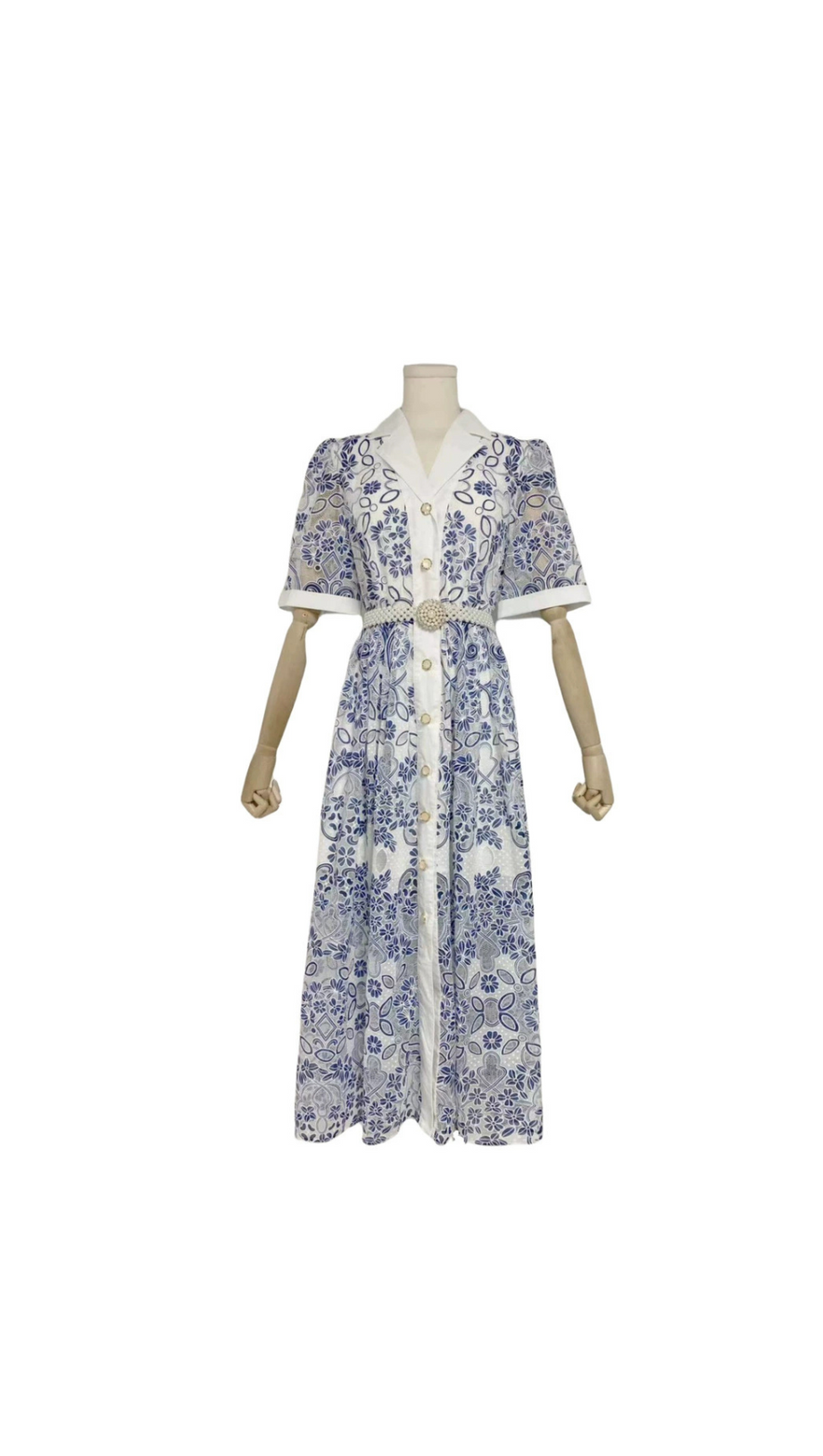 MIDIKLEID MIT V-AUSSCHNITT, GÜRTELN UND STICKEREI IN BLAU