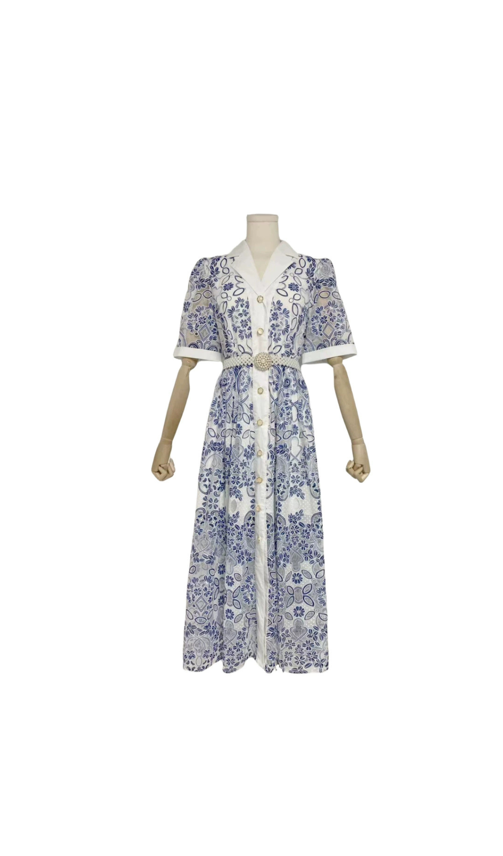 V NECK SPLICED BELTS EMBROIDERY MIDI DRESS IN BLUE