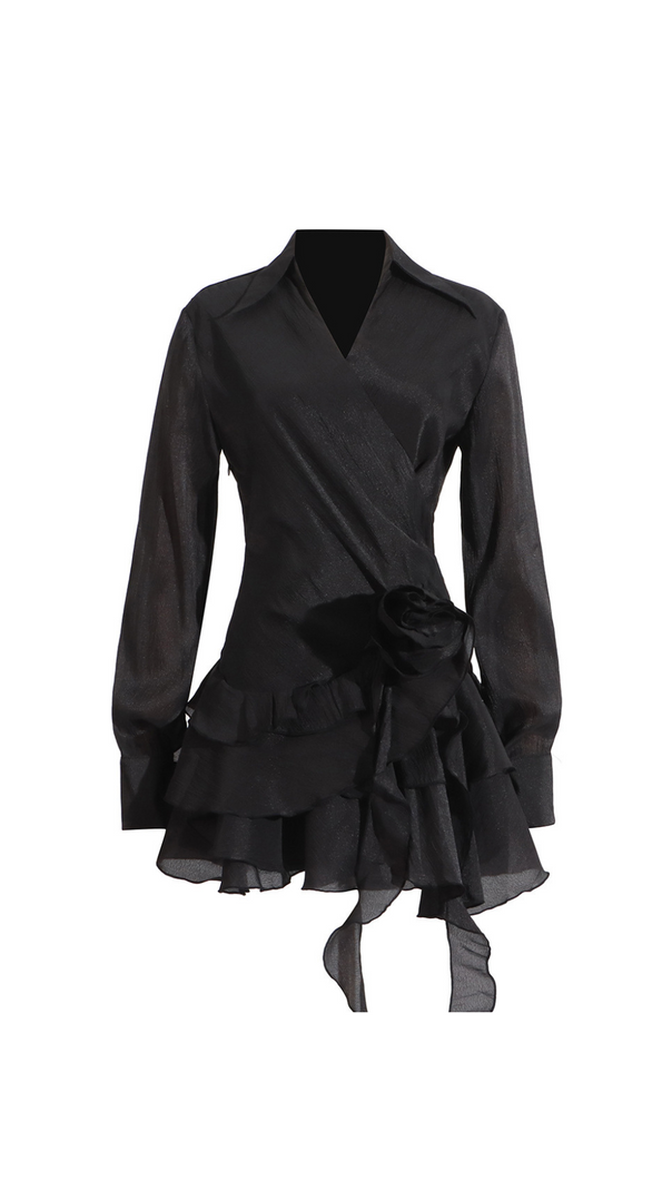 AIIZIE FLOWER RUFFLE RIBBON MINI DRESS IN BLACK - product image