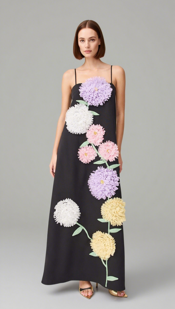 AIIZIE KRISTIN BUTTERCUP EMBROIDERED MAXI DRESS IN BLACK - product image