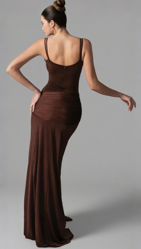 PLEATED STRAPPY DRAPED SLIT MAXI DRESS IN BROWN