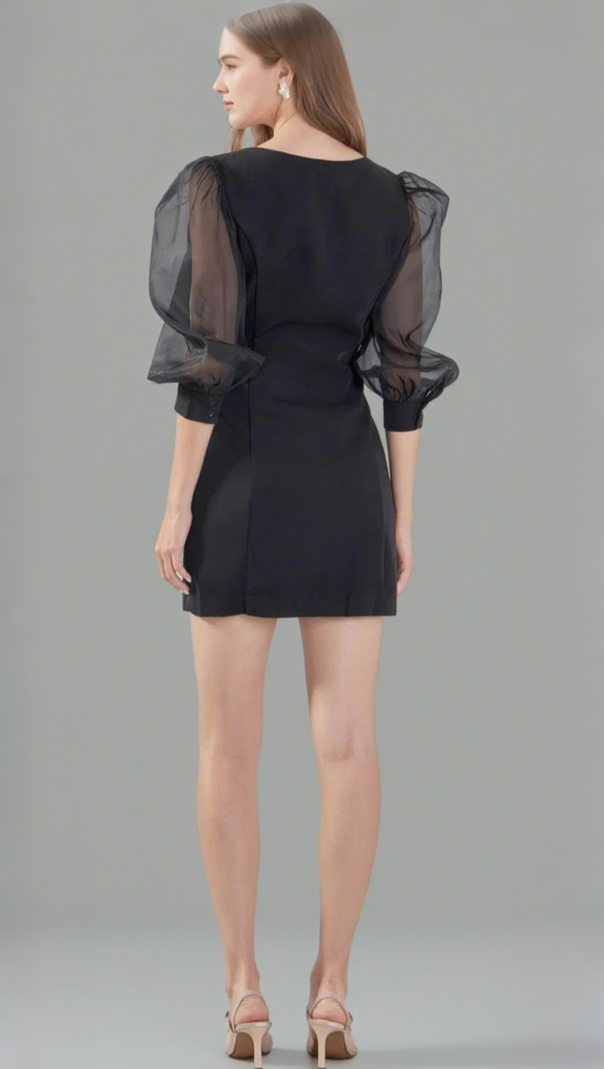 AIIZIE VICTORIA ORGANZA PUFF SLEEVES MINI DRESS IN BLACK - product image