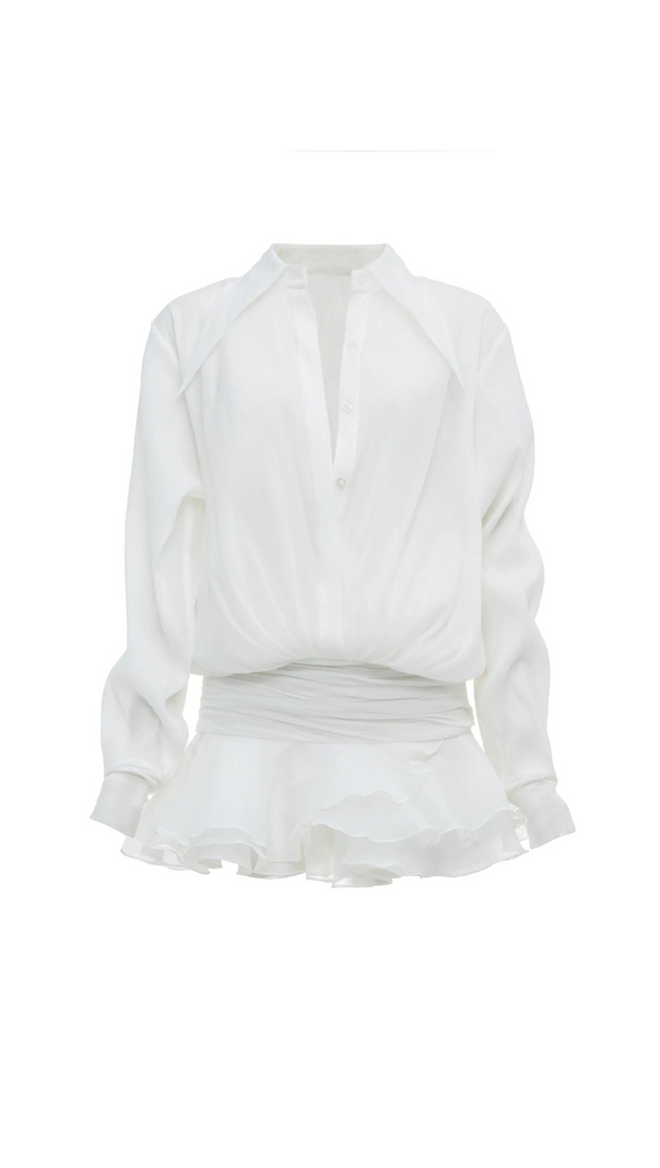 AIIZIE EMBER RUCHED RUFFLE MINI DRESS IN WHITE - product image