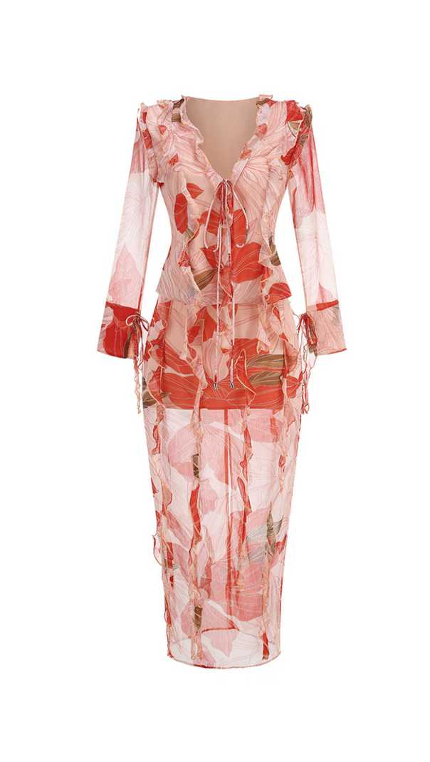 AIIZIE GLORIA PRINTED CUT OUT RUFFLE TRIM SKIRT SUIT - product image