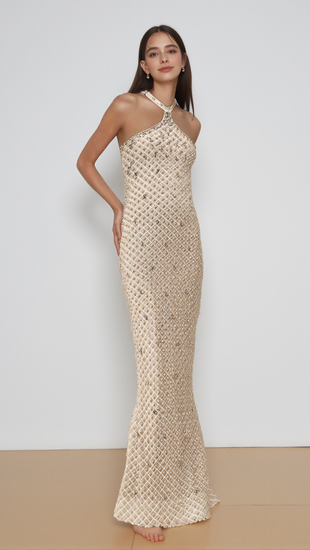 AIIZIE CLAUDINE WHITE EMBELLISHED HALTERNECK MAXI DRESS - product image
