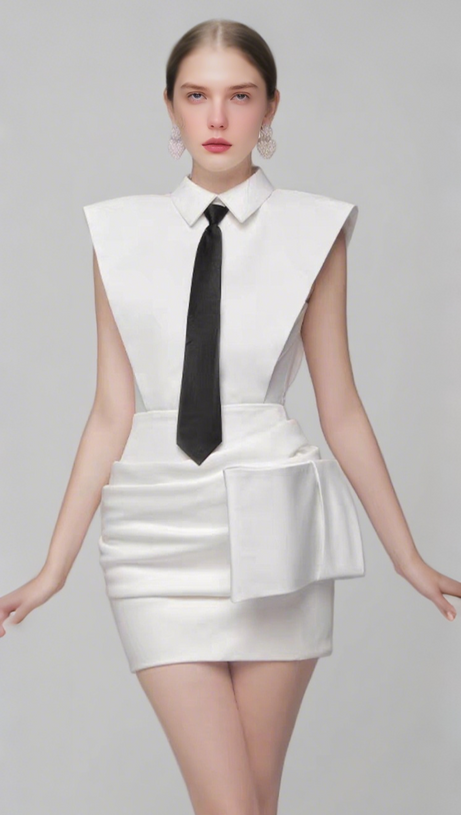 WHITE BOWKNOT MINI DRESS WITH NECKTIE