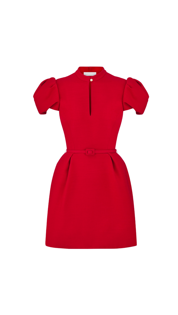 AIIZIE PUFF SLEEVE PLEATED MINI DRESS IN RED (WITHOUT BLACK BELT) - product image