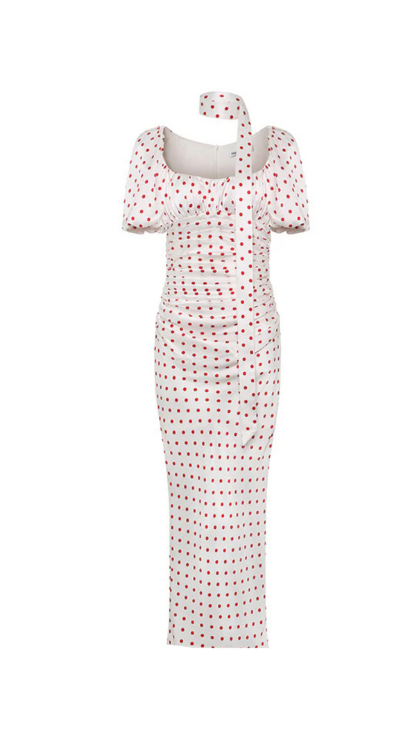 AIIZIE RED POLKA DOT BUBBLE SLEEVE MIDI DRESS - product image