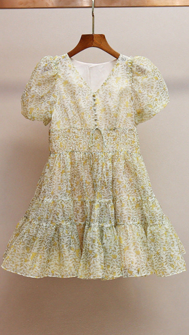 AIIZIE PRINTED V-NECK TUTU MINI DRESS IN DAISY YELLOW - product image