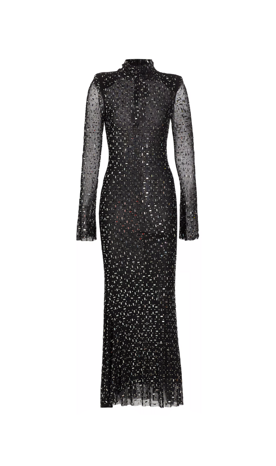 Schwarzes Midikleid aus Netzstoff mit Kristallverzierung