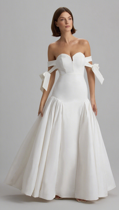ETHEL | WHITE & CREAM BARDOT MAXI DRESS WITH VOLUME SKIRT