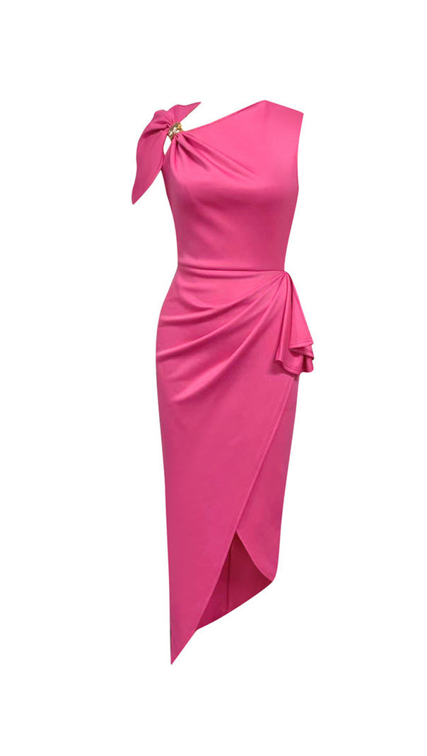 AIIZIE ALANI RUCHED SATIN BODYCON MIDI DRESS IN PINK RED - product image