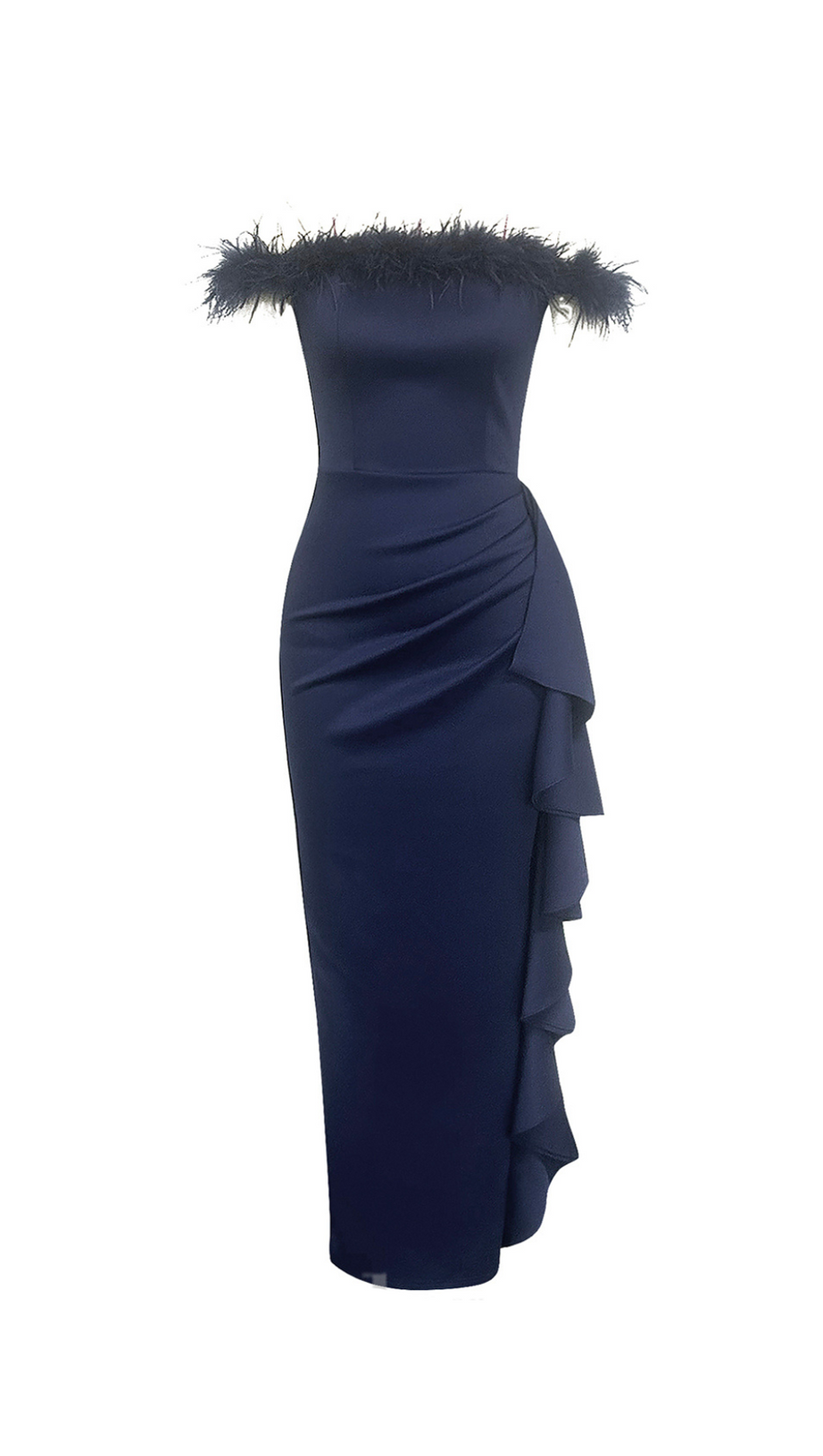 IRENE OFF SHOULDER FEATHER RUFFLE TRIM MAXI DRESS IN DARK BLUE