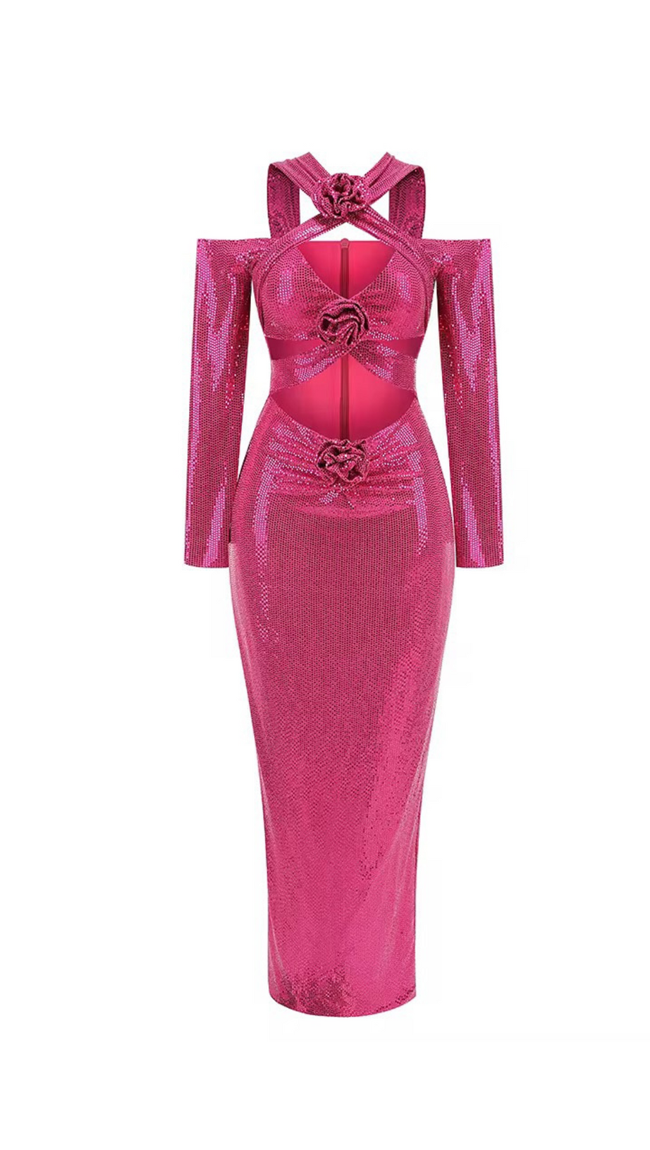 ALVA LOWEN FLOWER CUTOUT SEQUIN MAXI DRESS IN ROSE PINK