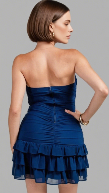 PLEATED RUFFLE HEM MINI DRESS IN BLUE