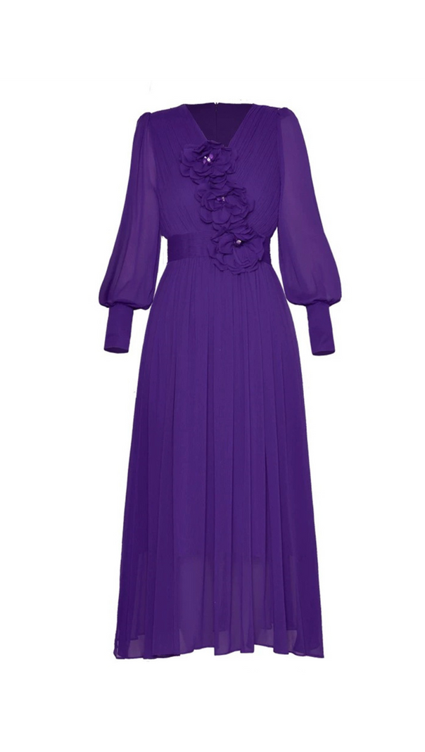 AIIZIE THREE-DIMENSIONAL FLOWER V-NECK PURPLE CHIFFON MAXI DRESS - product image