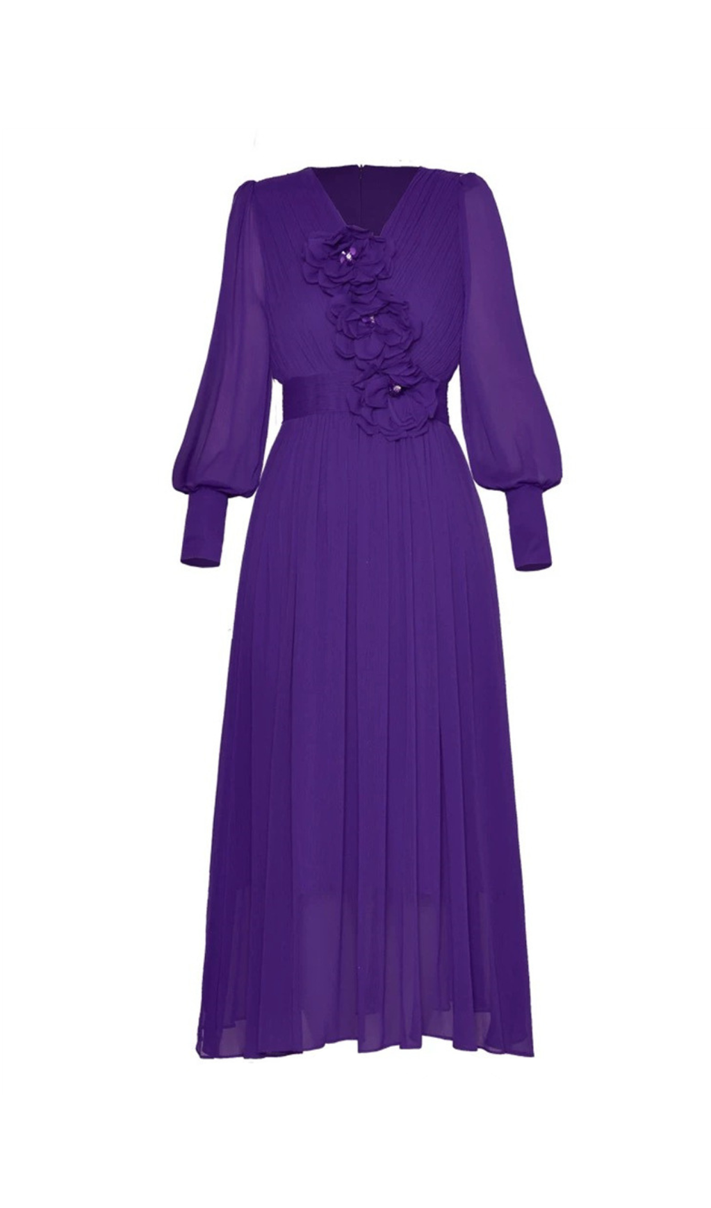 THREE-DIMENSIONAL FLOWER V-NECK PURPLE CHIFFON MAXI DRESS