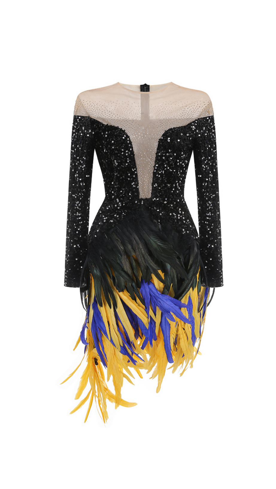 FEATHER EMBELLISHED SEQUIN MINI DRESS IN BLACK
