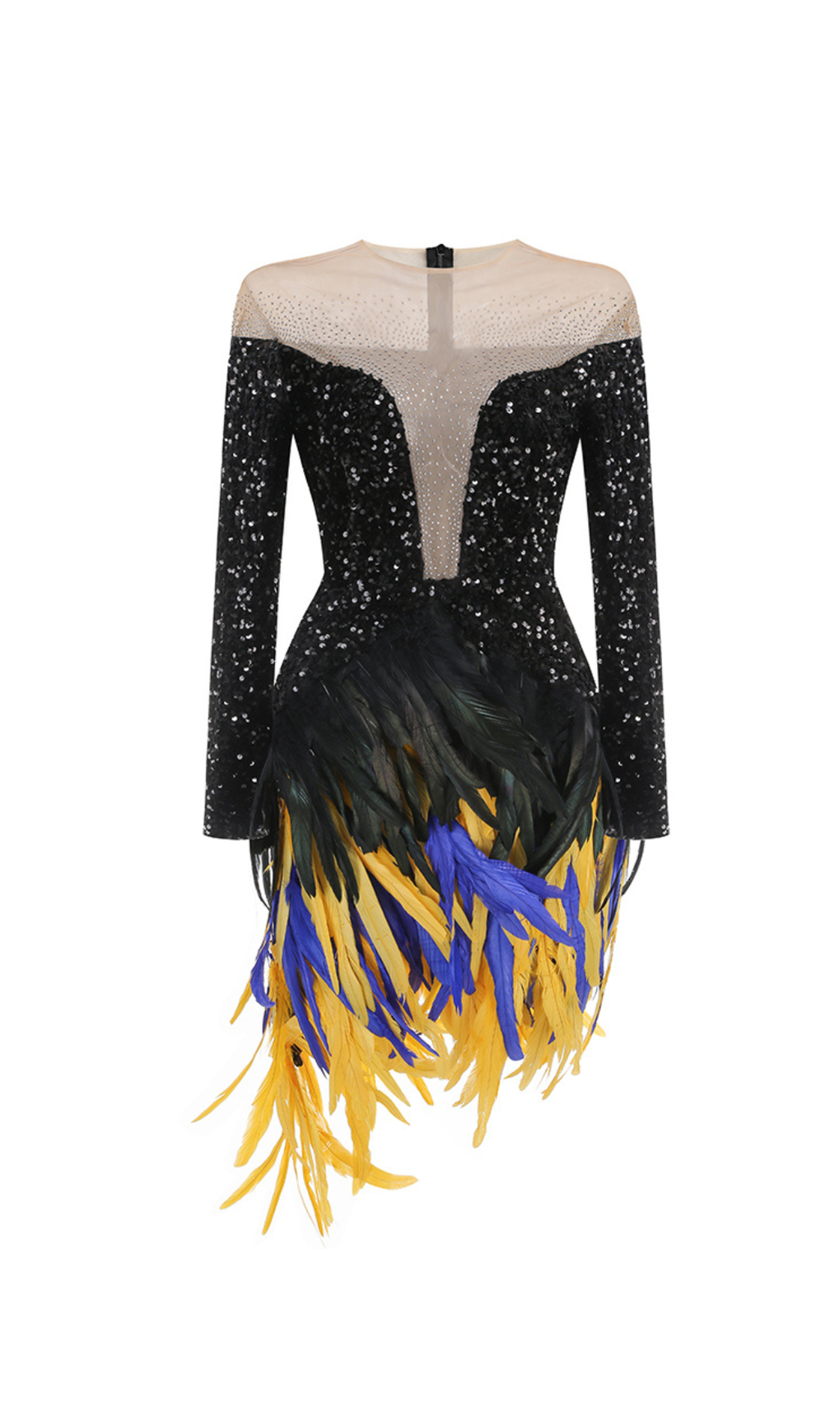 FEATHER EMBELLISHED SEQUIN MINI DRESS IN BLACK