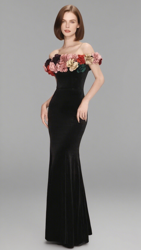 ONE-SHOULDER GOLD VELVET FISHTAIL MAXI DRESS IN BLACK