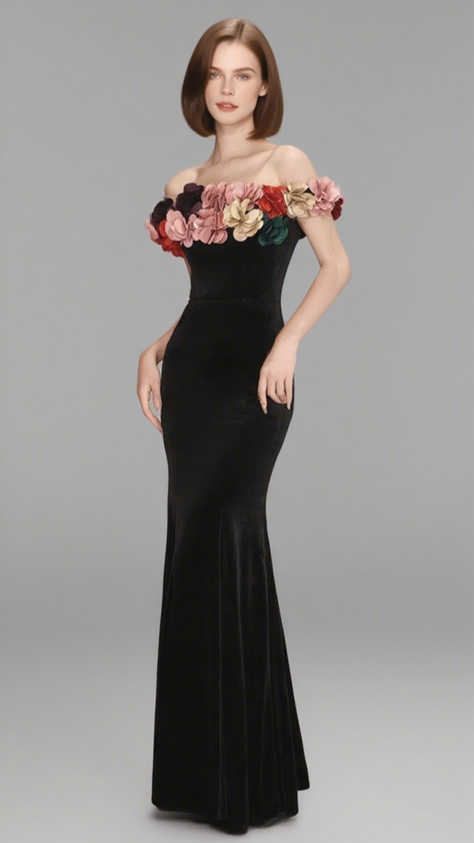 ONE-SHOULDER GOLD VELVET FISHTAIL MAXI DRESS IN BLACK