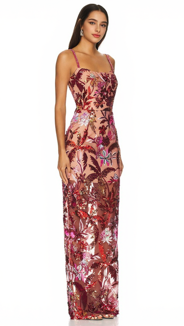 AIIZIE CHACHI RED STRAPLESS FLOWER EMBROIDERY MAXI DRESS - product image