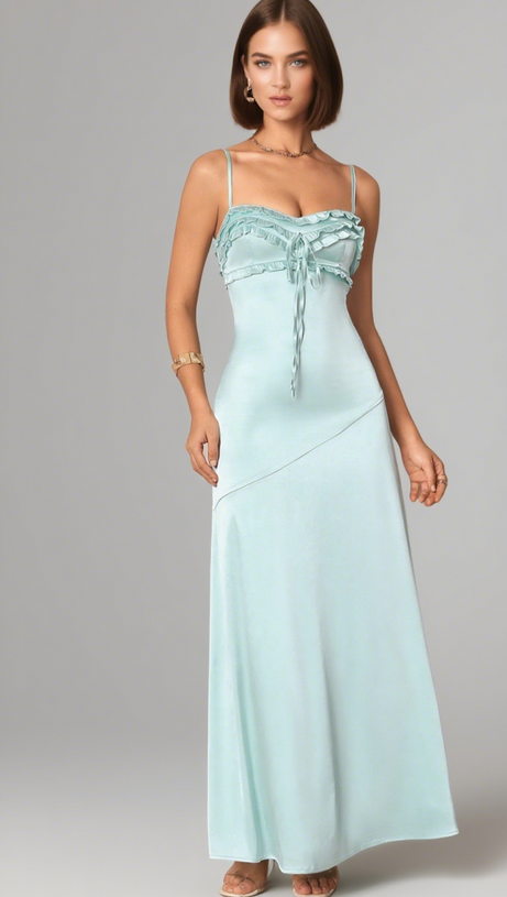 SIMONA RUFFLE TRIM SILK MAXI DRESS IN MINT