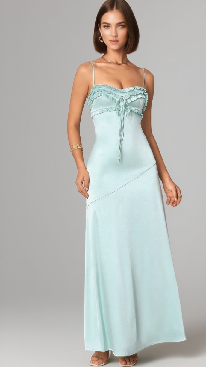 Simona – Seiden-Maxikleid mit Rüschenbesatz in Mintgrün