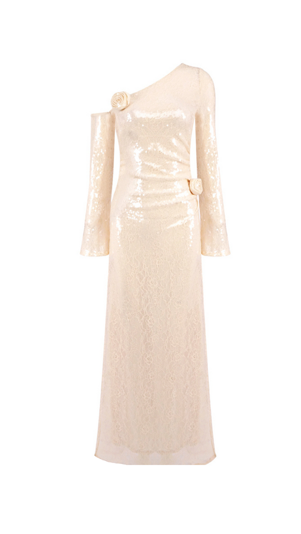 AIIZIE ONE-SHOULDER FLOWER EMBELLISHED SEQUIN MAXI DRESS IN APRICOT - product image