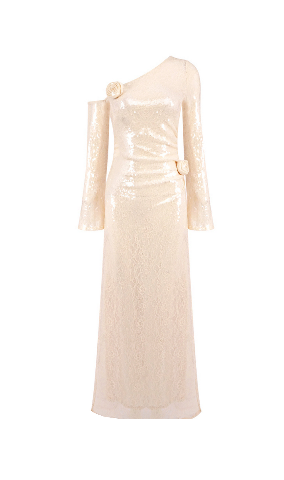 one-shoulder flower embellished sequin maxi dress in apricot