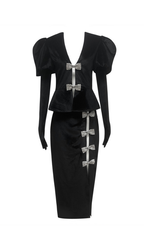Victoria – Schwarzes Minikleid-Set mit Zierausschnitt und Schleife