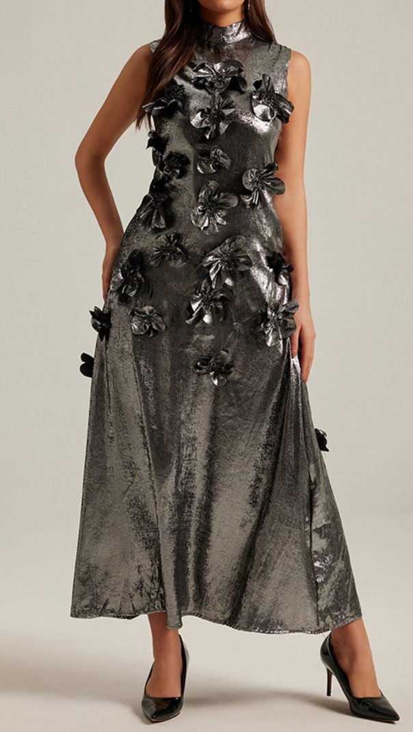 AIIZIE 3D FLORAL EMBELLISHED MAXI DRESS IN GREY - product image