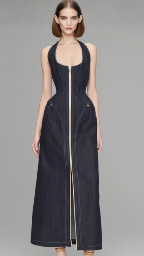 ABITO MIDI CON CORSETTO E HALT IN DENIM BLU NAVY