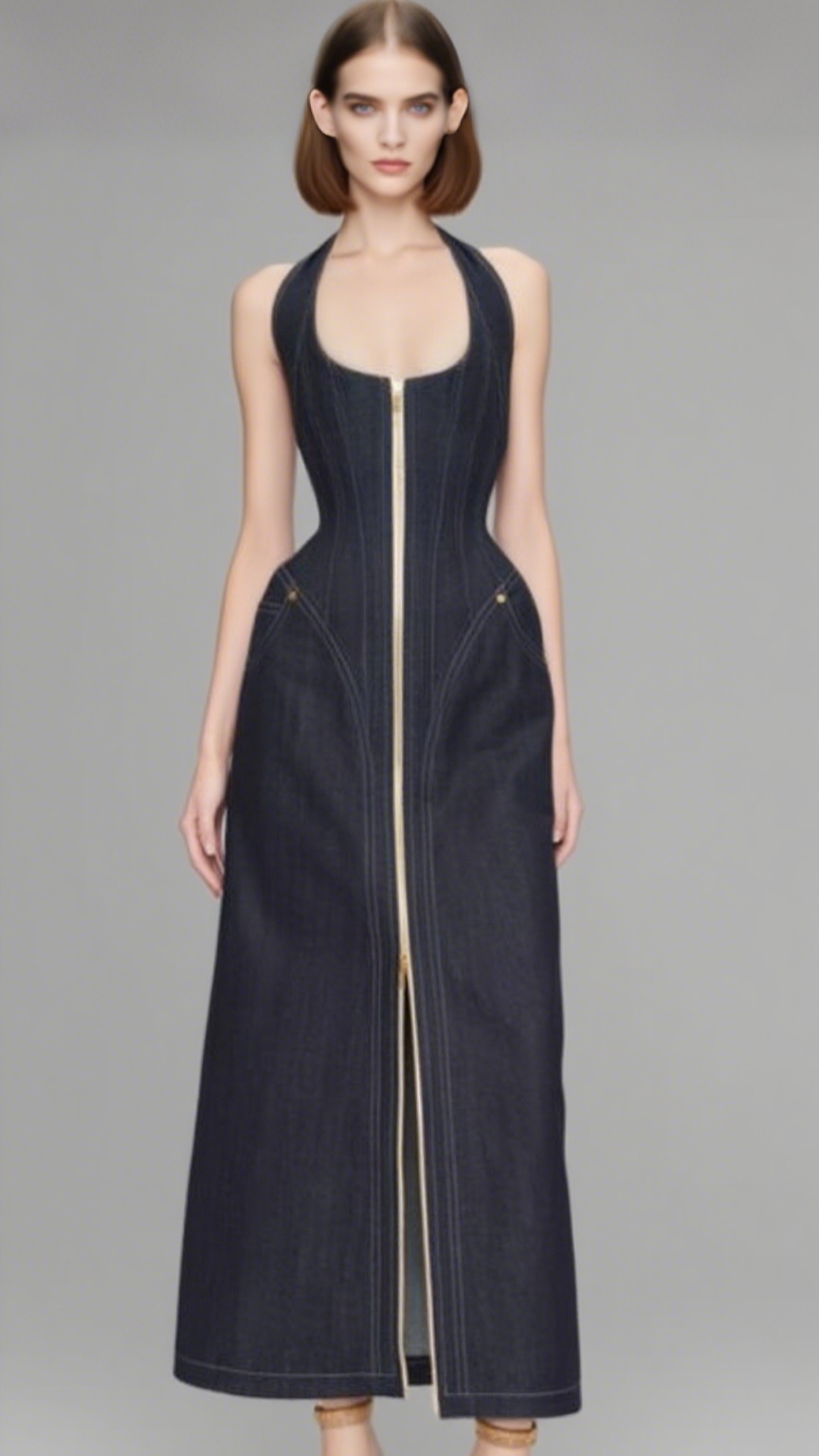 HALTERED CORSETED MIDI DRESS DENIM IN NAVY BLUE