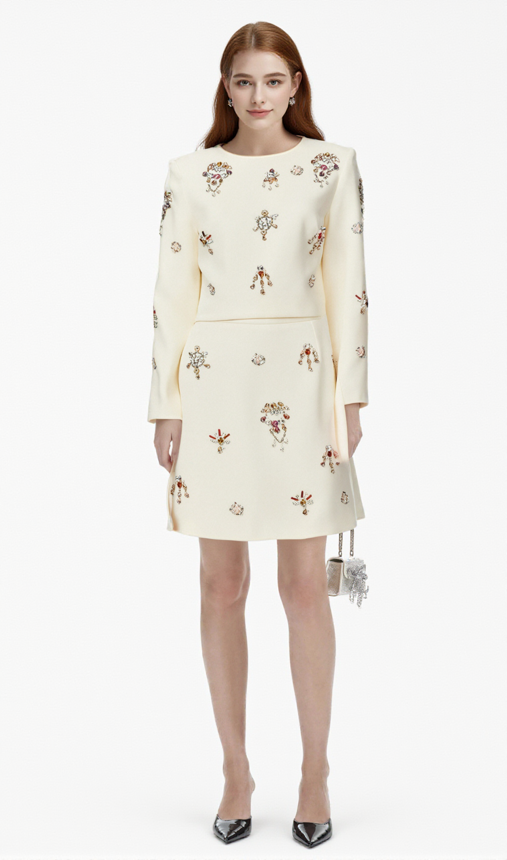 Jeanne white crystal-embellished top & skirt matching set