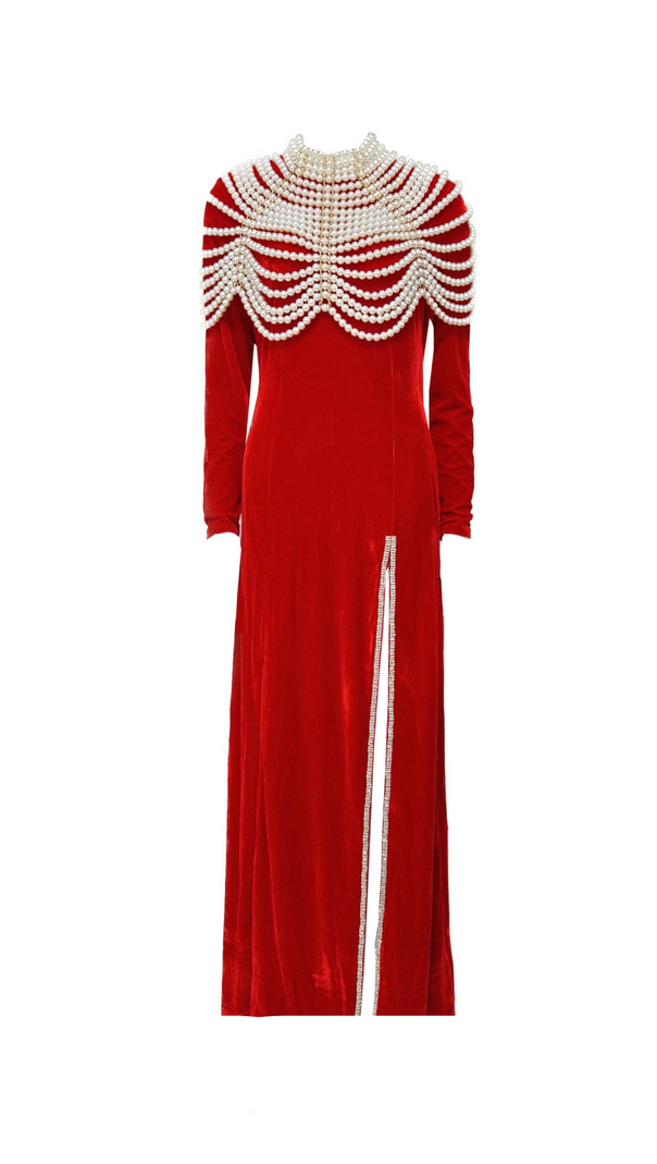 AIIZIE AALIYAH PEARL EMBELLISHED VELVET MAXI DRESS IN RED - product image