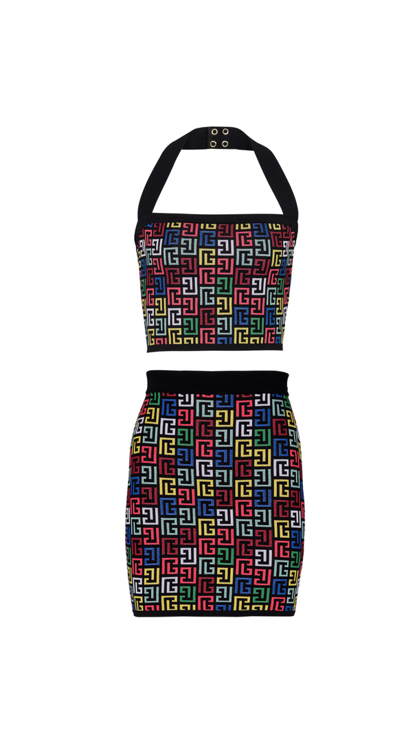AIIZIE RACHEL MONOGRAM KNIT HALTERNECK TOP SKIRT SET - product image
