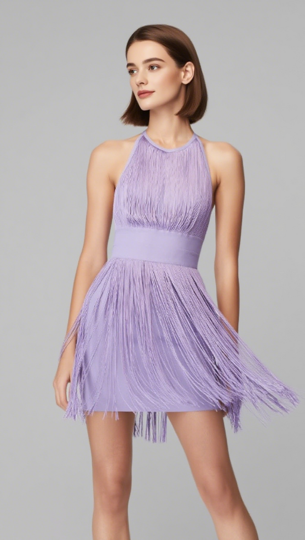 AIIZIE HALTER NECK FRINGE TRIM BANDAGE MINI DRESS IN LAVENDER - product image