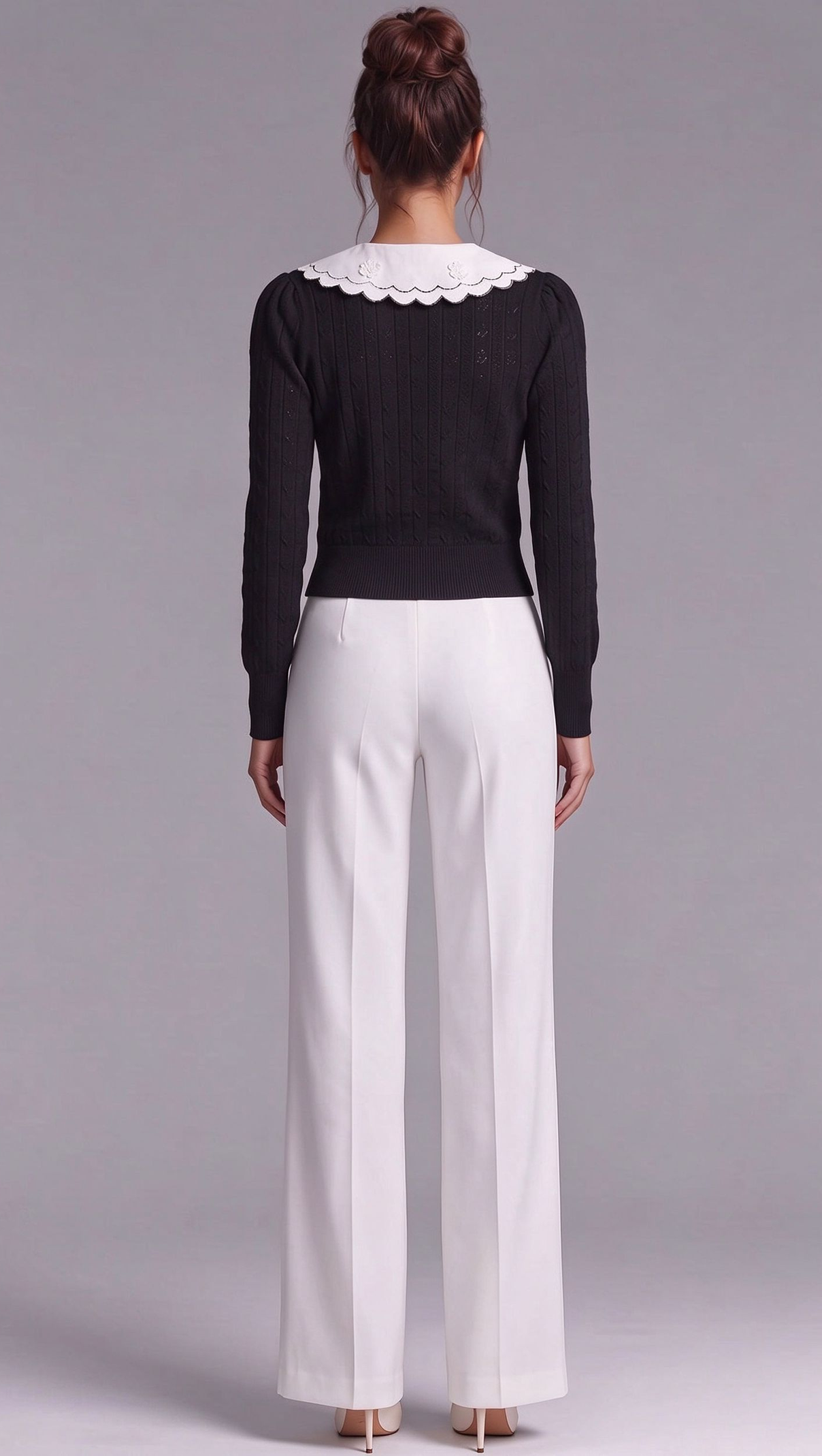 Black Pointelle Knit Cardigan with White Embroidered Collar