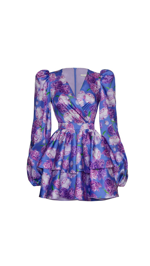 AIIZIE ARABELA BLUE FLORAL SATIN RUFFLE MINI DRESS - product image