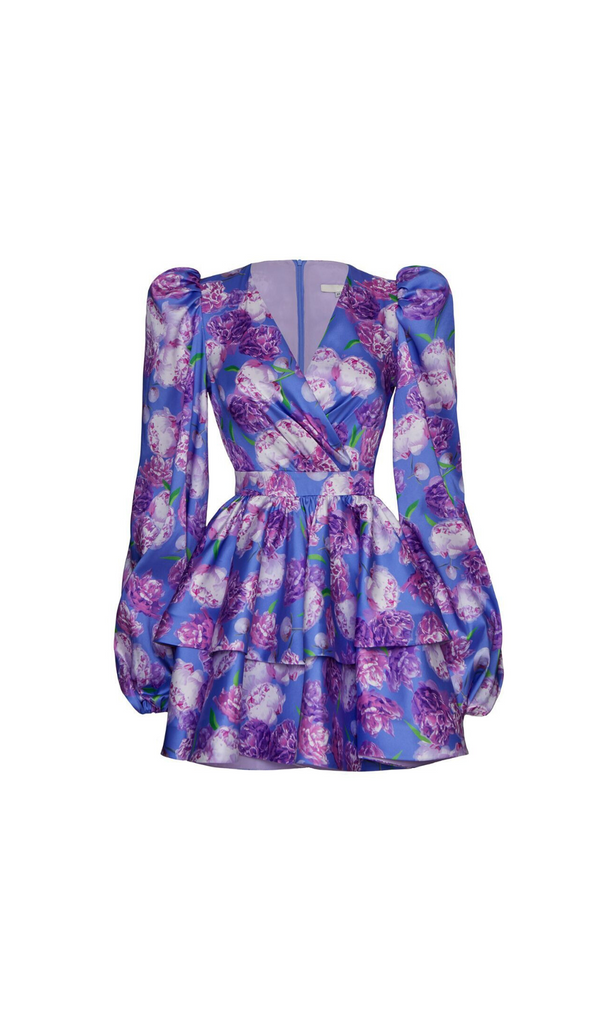 ARABELA BLUE FLORAL SATIN RUFFLE MINI DRESS