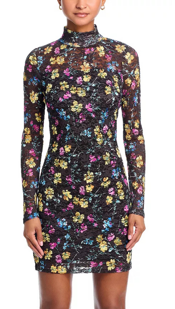 AIIZIE PUCKERED LACE MINI DRESS IN BLACK MULTI - product image