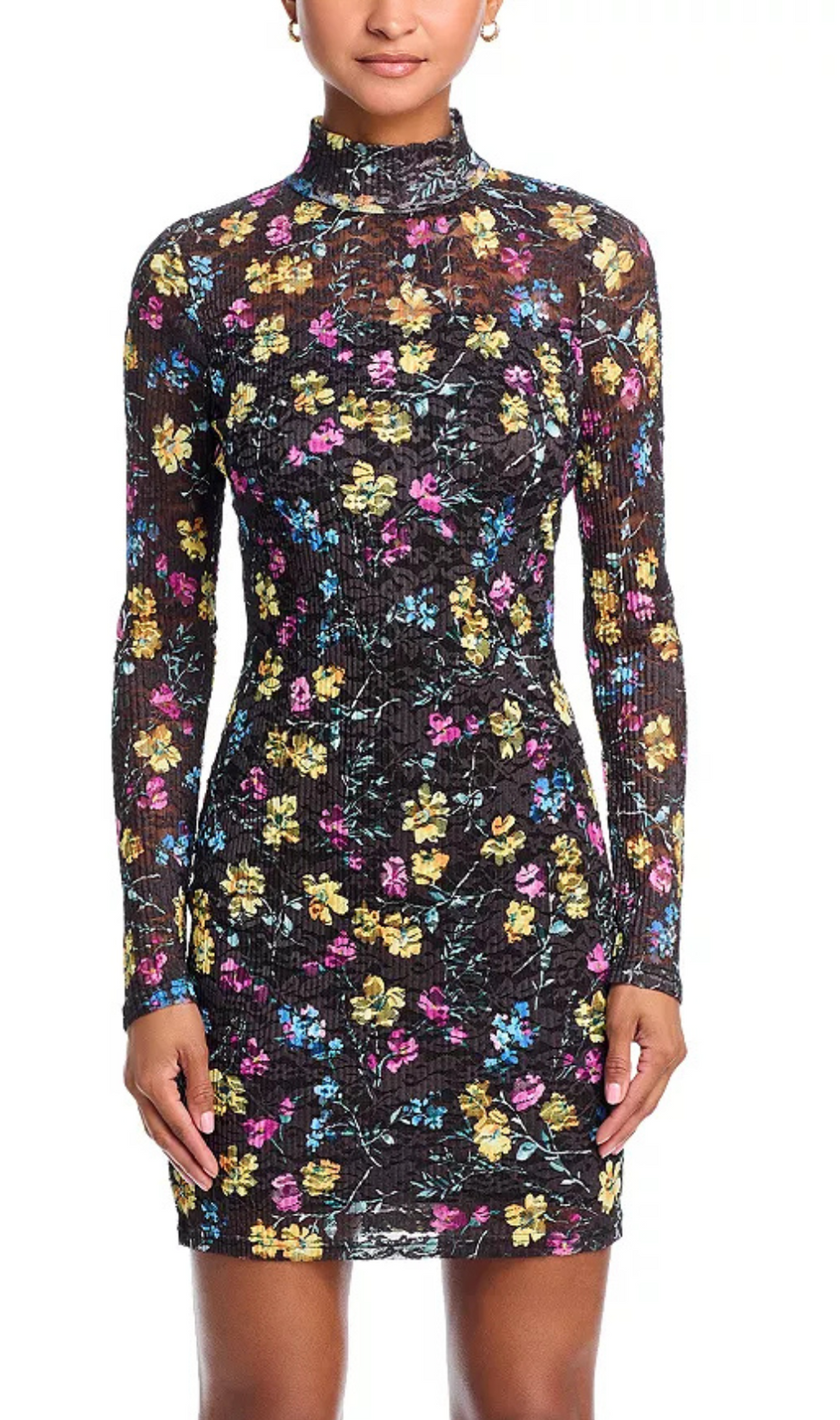 Puckered Lace mini Dress in Black Multi