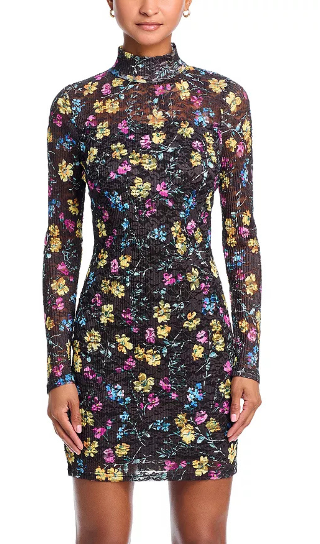 PUCKERED LACE MINI DRESS IN BLACK MULTI