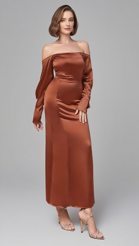 SPAGHETTI - STRAP OFF - SHOULDER SATIN MIDI DRESS IN BROWN