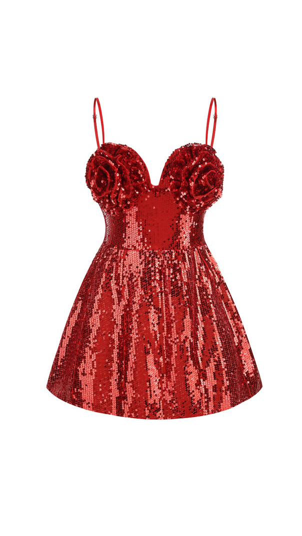 AIIZIE BERNICE DARK RED SEQUIN CORSAGE BANDEAU MINI DRESS - product image