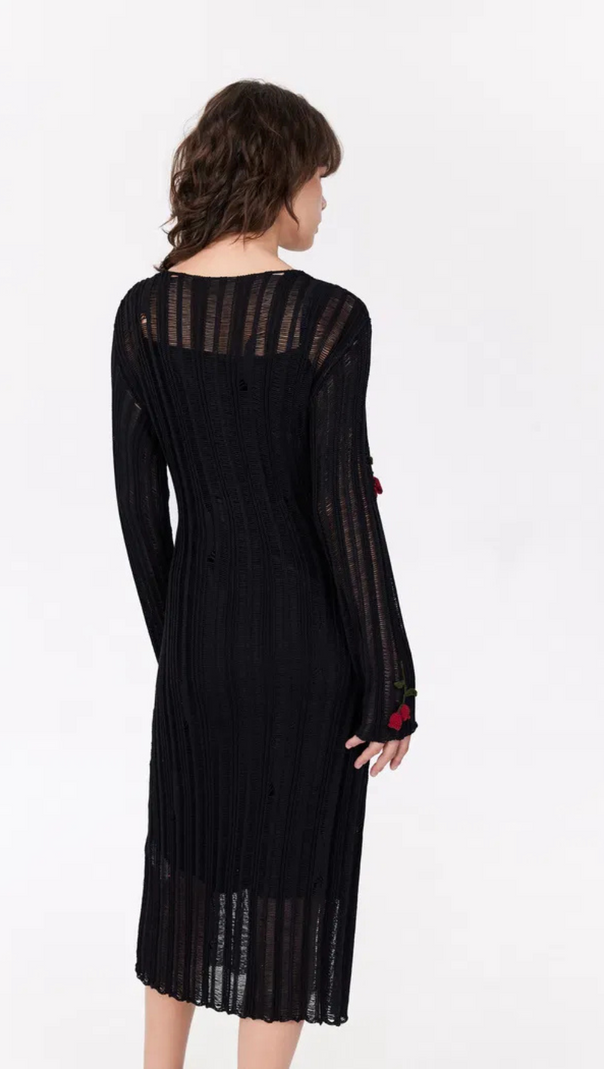 AIIZIE HILARIA ROSE HANDCRAFTED KNIT MIDI DRESS IN BLACK - product image