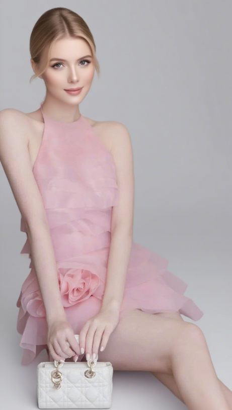 3D FLOWER HALTER RUFFLE LAYER MINI DRESS IN PINK